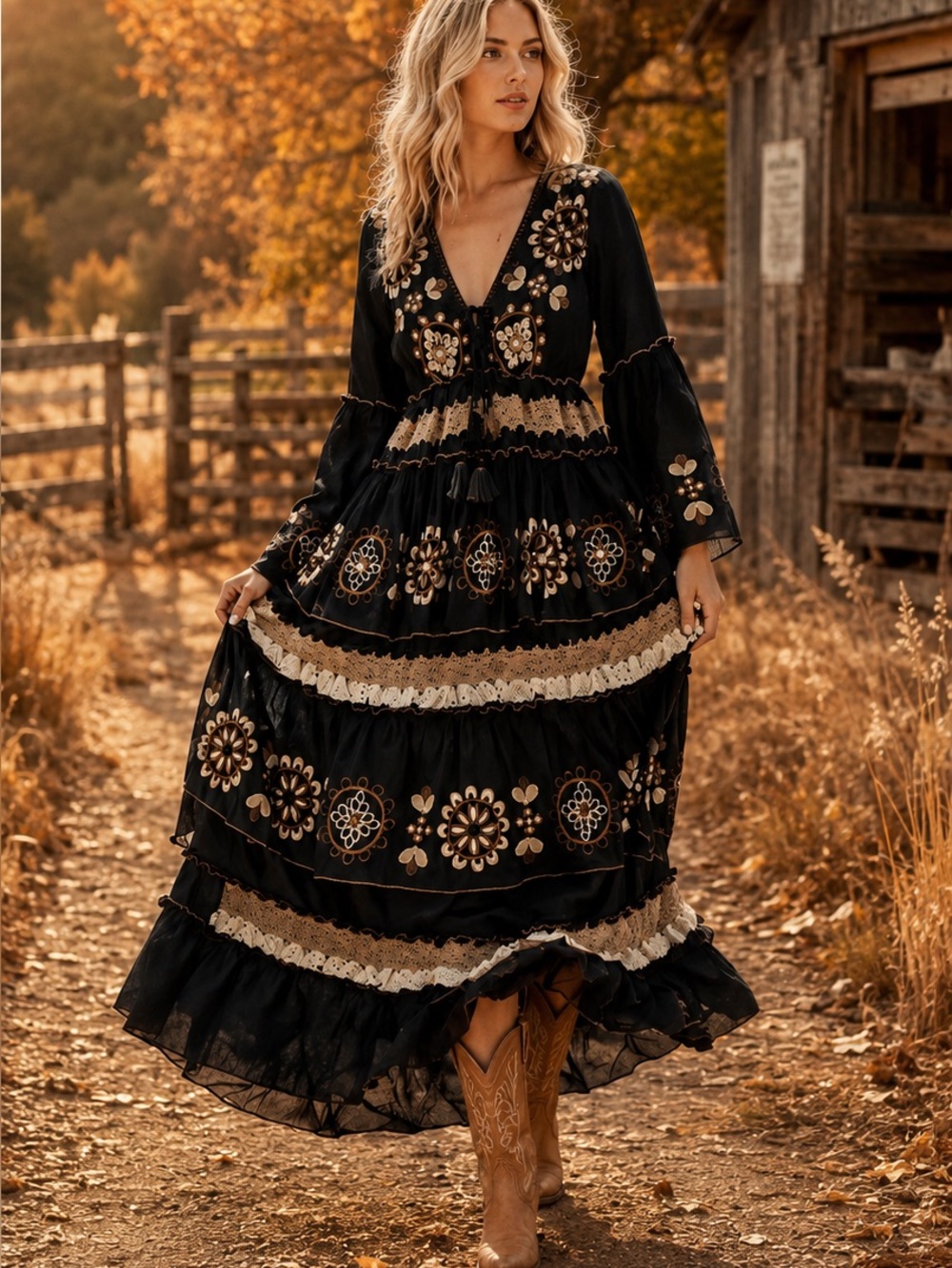 98. Boho Embroidered Black Maxi Dress with Gold Accents - Picture 1 of 2